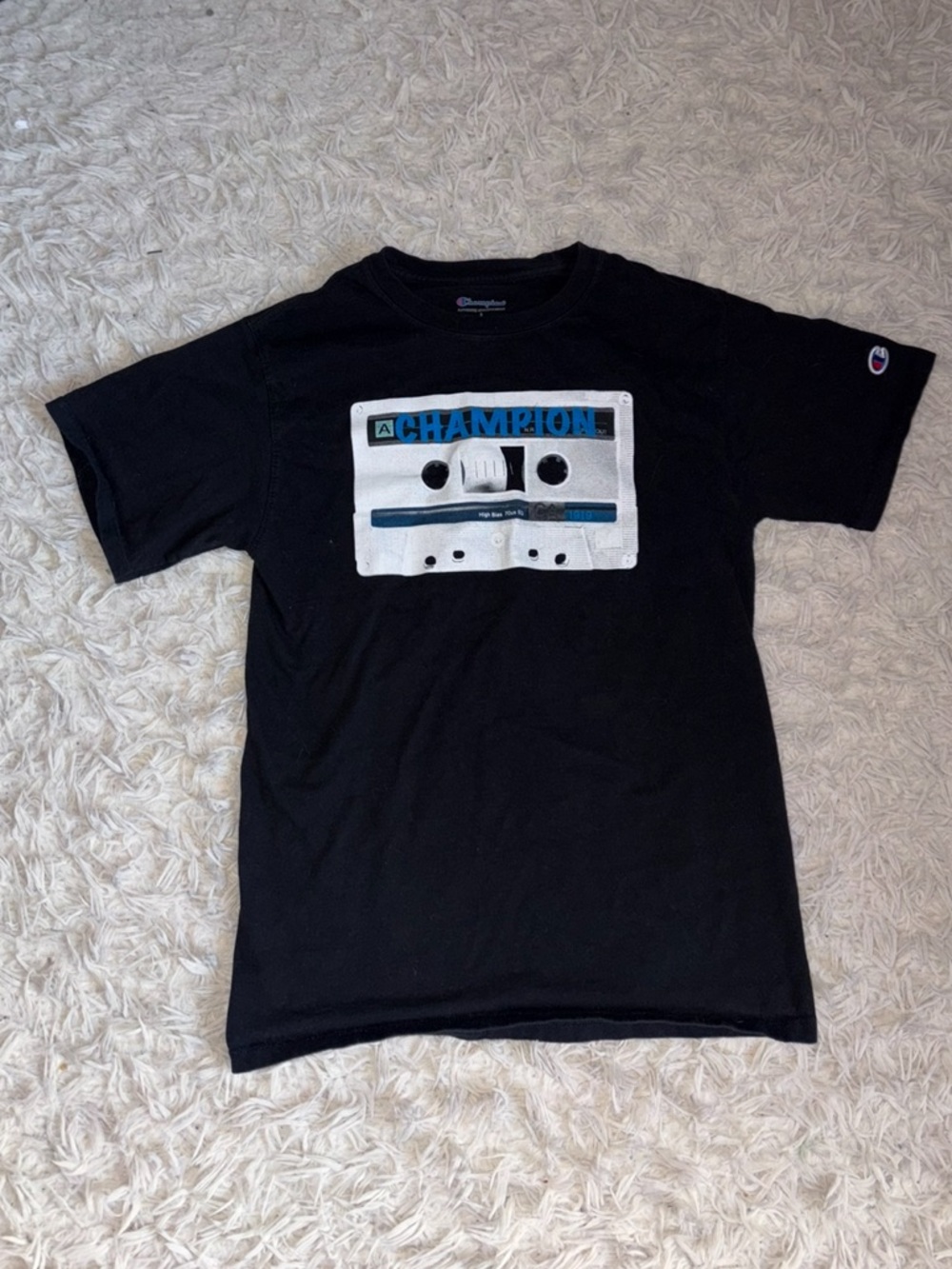 Champion Black Tee with Blue Tape Logo Accent